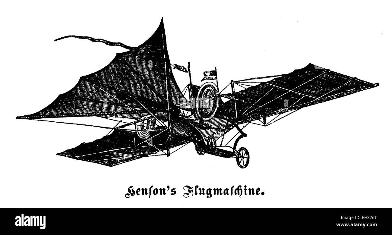 Flugmaschine mit William Samuel Henson, Holzschnitt, historische Gravuren, 1882 Stockfoto