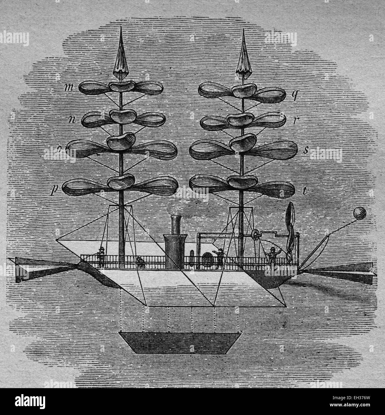 Flugmaschine von Gabriel De La Landelle, 1861, Uhrwerk betriebenen Hubschrauber-Modell, Holzschnitt, historische Gravuren, 1882 Stockfoto