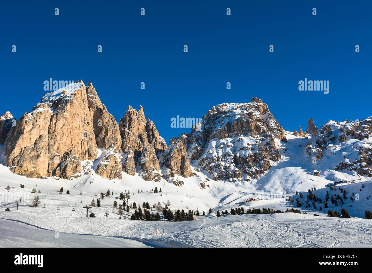 Passo Gardena und Sellagruppe, Val Gardena, Bezirk Bozen, Trentino Alto Adige, Dolomiten, Italien Stockfoto