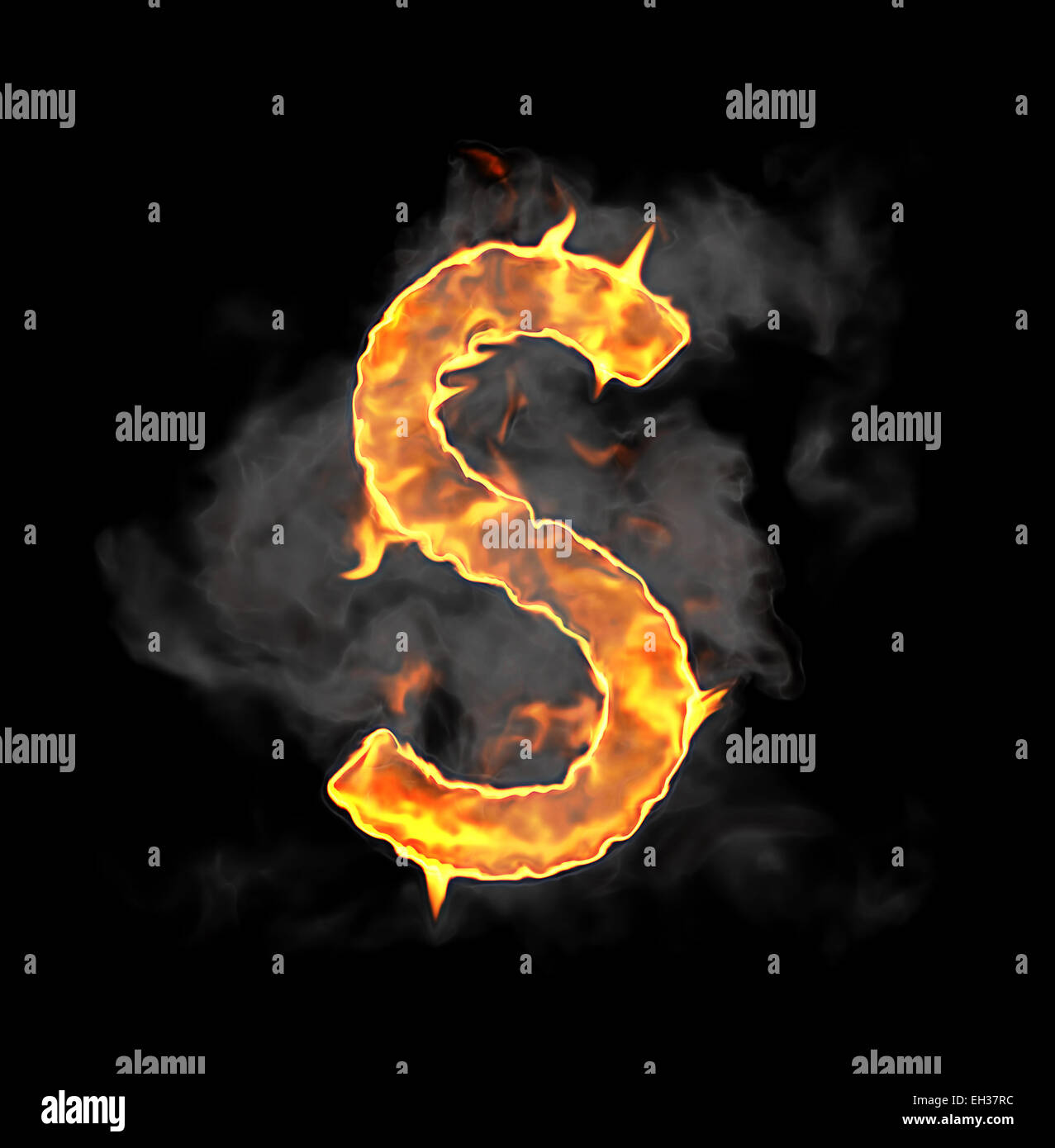 Brennen und Flamme Schriftart S Buchstaben auf schwarzem Hintergrund Stockfoto