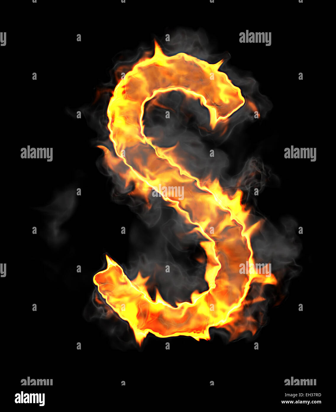 Brennen und Flamme Schriftart S Buchstaben auf schwarzem Hintergrund Stockfoto