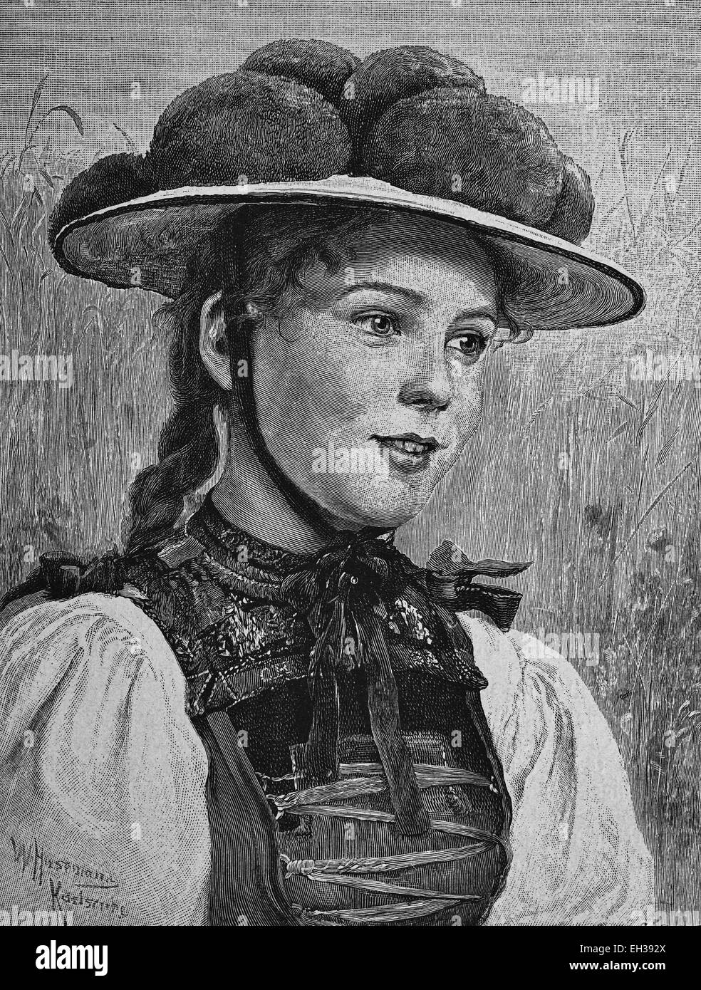 Frau trägt traditionelle Schwarzwälder von Gutach, Schwarzwald, Deutschland, Holzschnitt, 1888, historische Gravuren, Europa Stockfoto