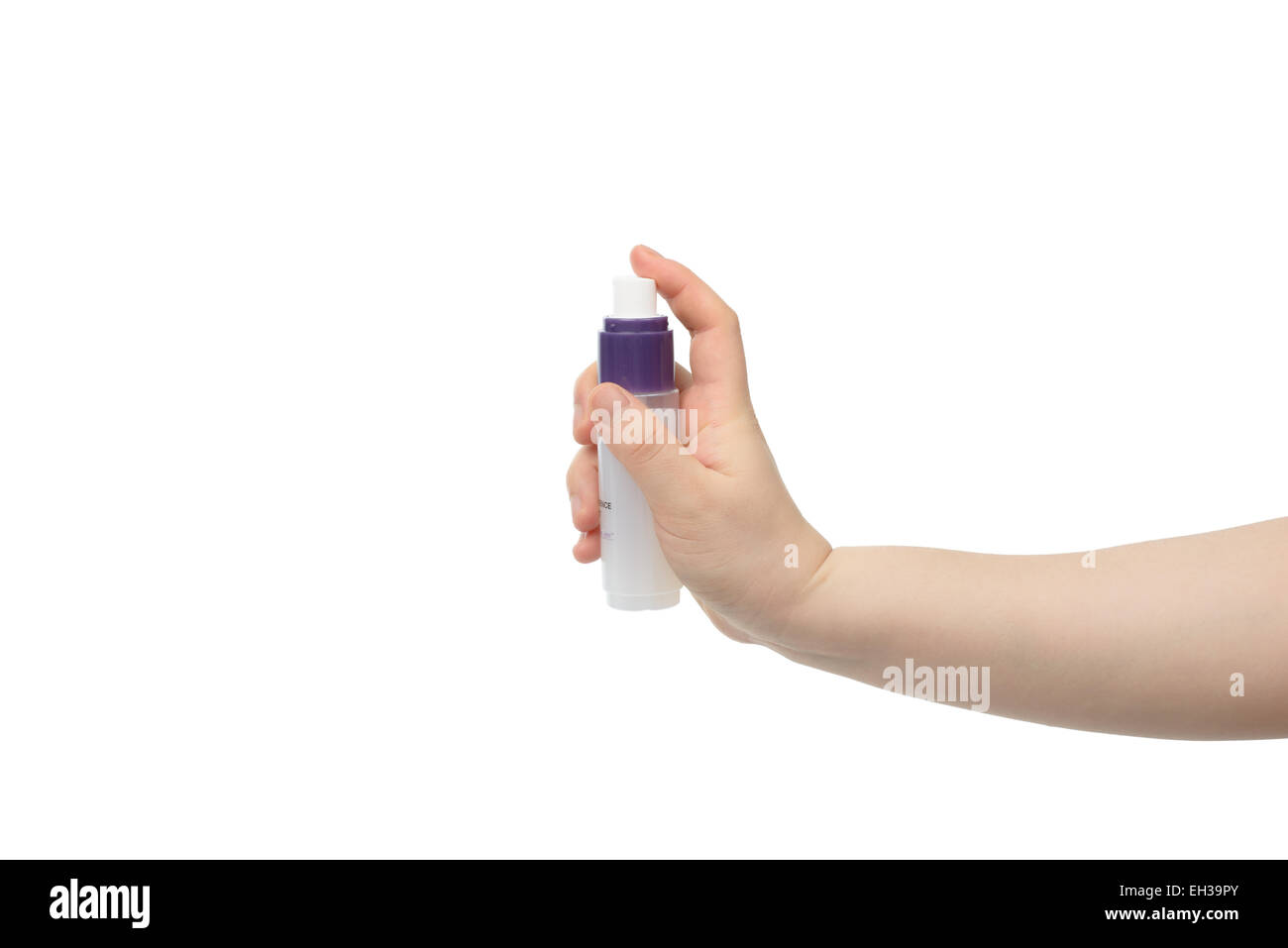 Hand halten Spray Pflegemittel, isoliert auf einem weißen Stockfoto