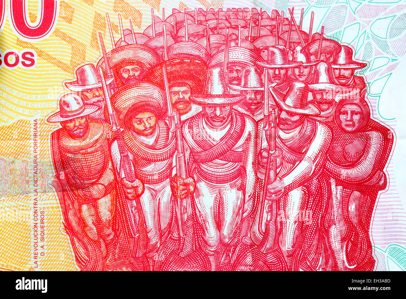 Fragment des Wandbildes von mexikanischen Maler David Alfaro Siqueiros von 100 Pesos Banknote, Mexiko, 2007 Stockfoto