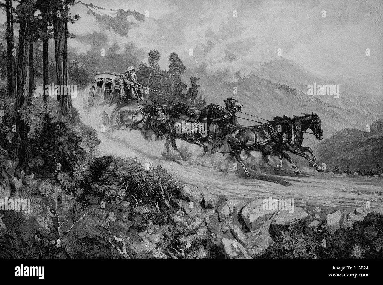 Stagecoach in Kalifornien, historischen Holzschnitt 1880 Stockfoto