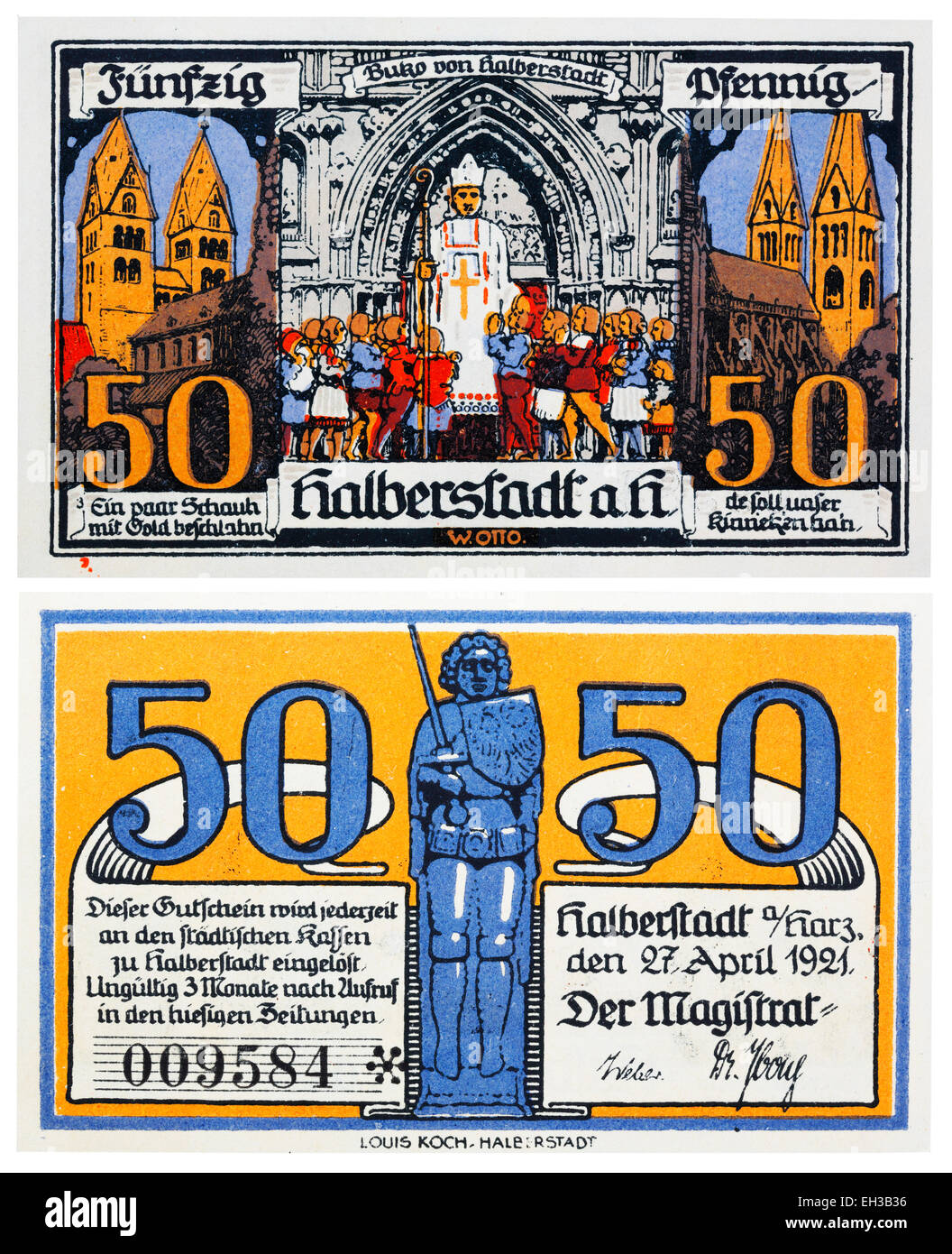 50 Pfennig, Notgeld Banknote, Halberstadt, Sachsen-Anhalt, Deutschland, 1921 Stockfoto