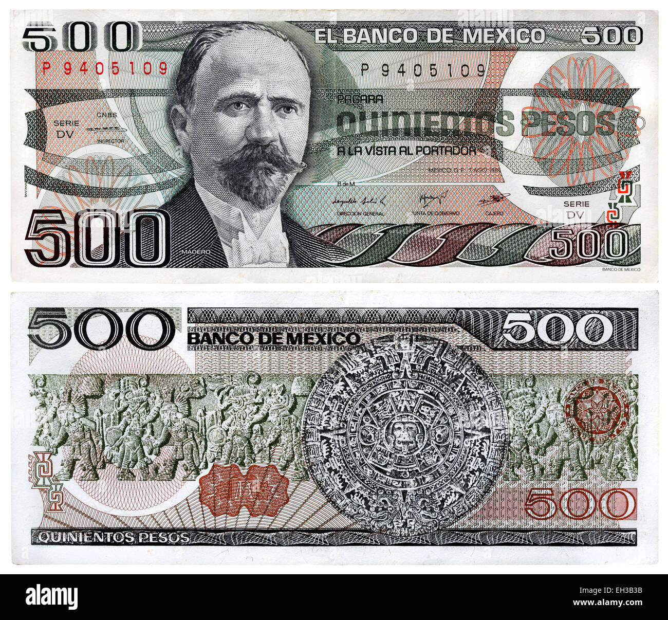 500 Pesos Banknote, Präsident Francisco Ignacio Madero González, Mexiko, 1984 Stockfoto