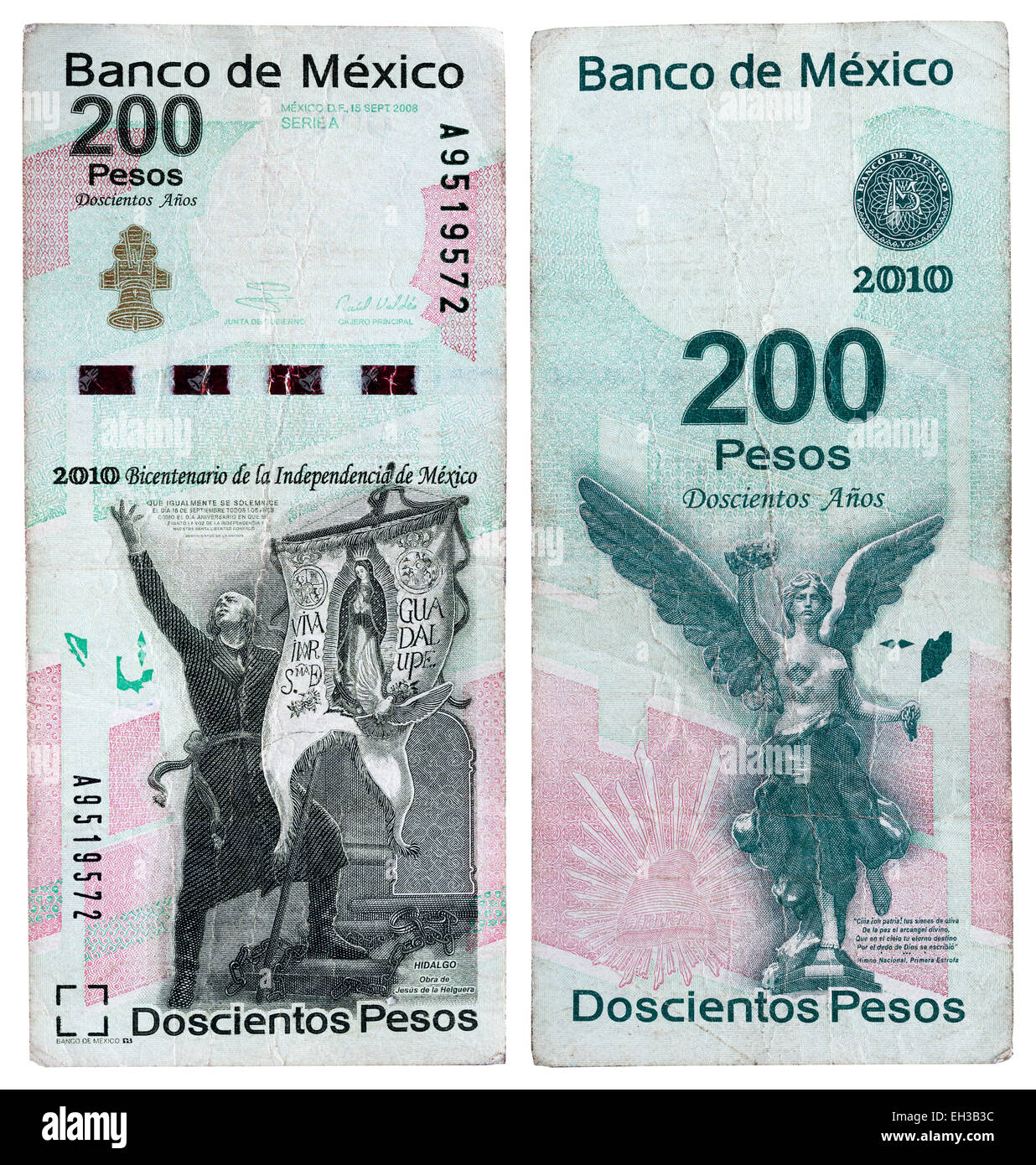 200 Pesos Banknote, Miguel Hidalgo und Statue der Engel der Unabhängigkeit, Mexiko, 2010 Stockfoto