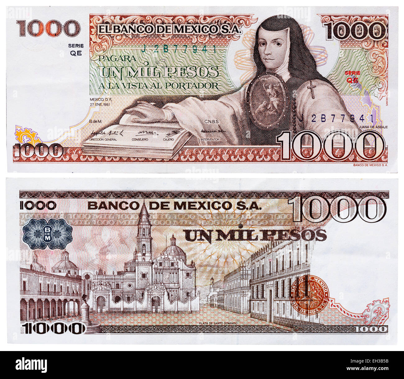 1000 Pesos Banknote, Juana de Asbaje, Mexiko, 1981 Stockfoto