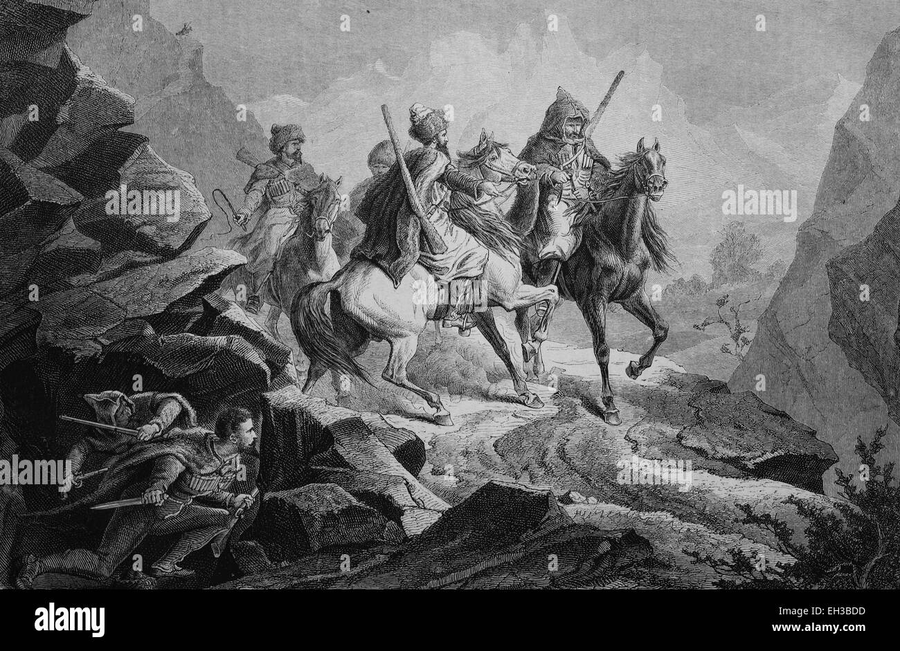 Plastuni, Einwohner von Plastun in Russland und Tscherkessen, auf der Suche nach einem kaukasischen Volk, Russisch-kaukasische Krieg, Holzstich um 1880 Stockfoto