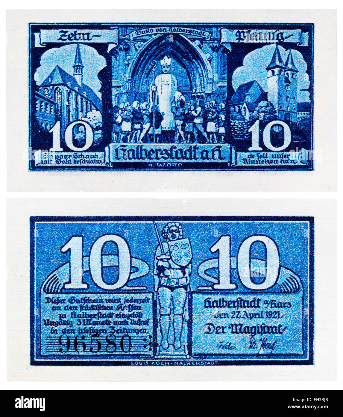 10 Pfennig, Notgeld Banknote, Halberstadt, Sachsen-Anhalt, Deutschland, 1921 Stockfoto