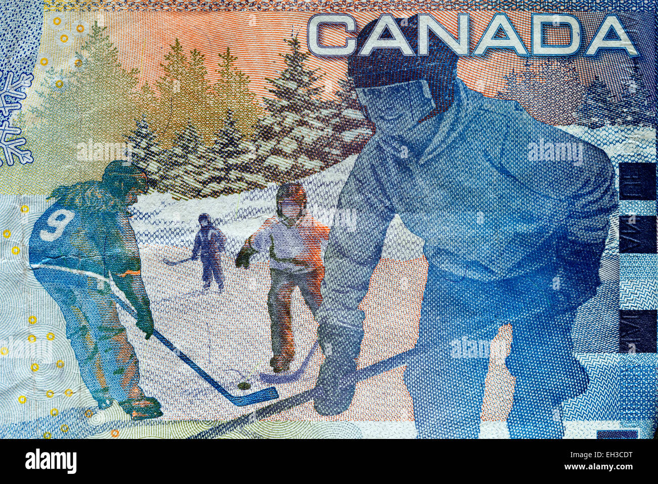 Eis-Hockeyspieler aus 5 Dollar Banknote, Kanada, 2008 Stockfoto