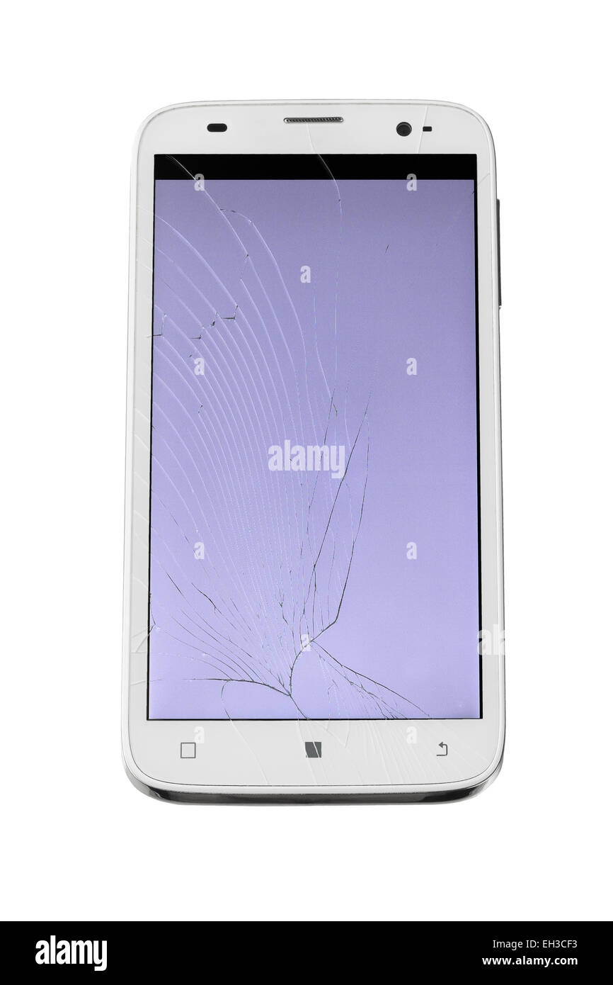 Gebrochene Touch-Screen-Smartphone auf weißem Hintergrund Stockfoto