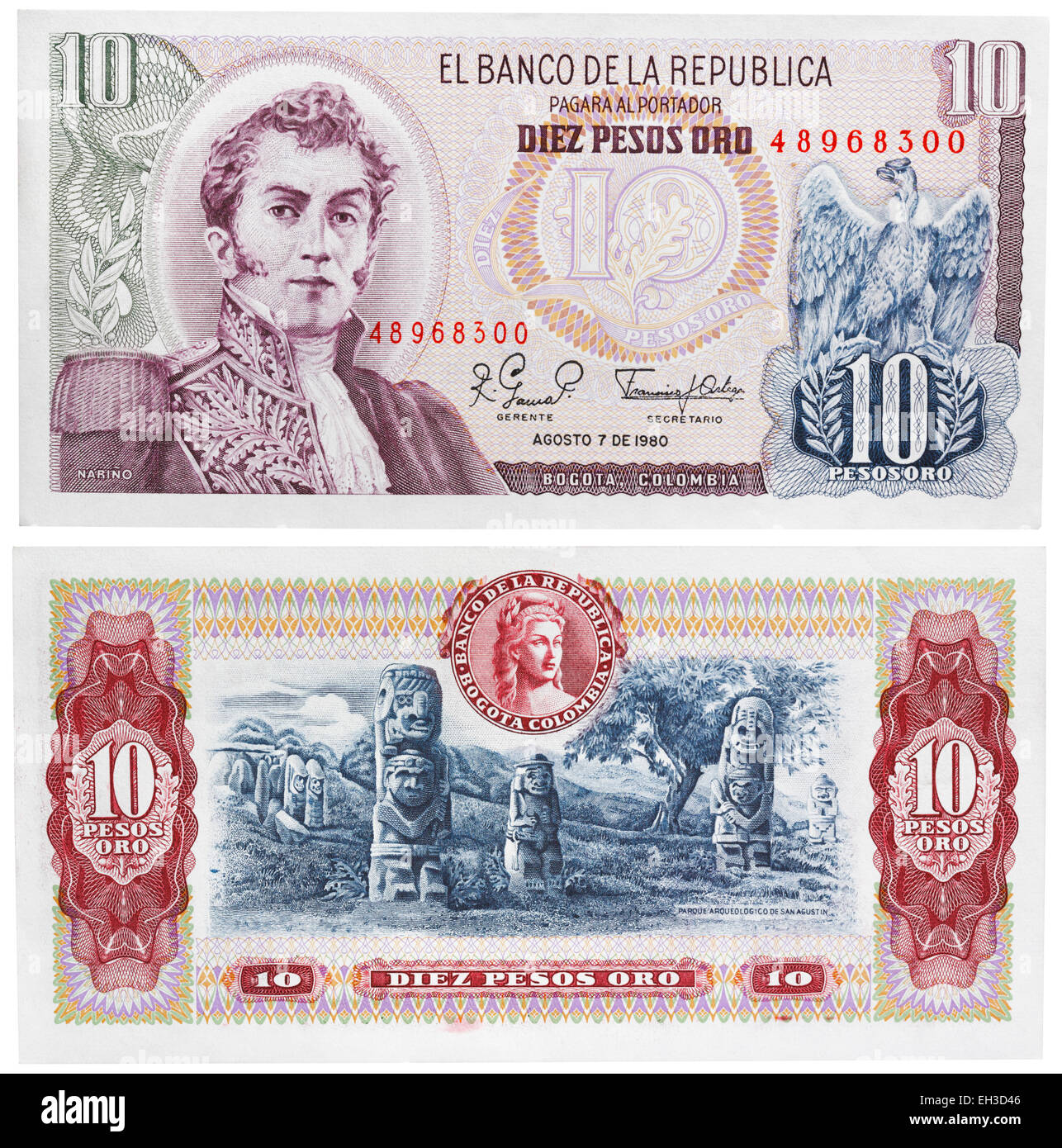 10 Pesos Oro Banknote, Antonio Nariño, Kolumbien, 1980 Stockfoto