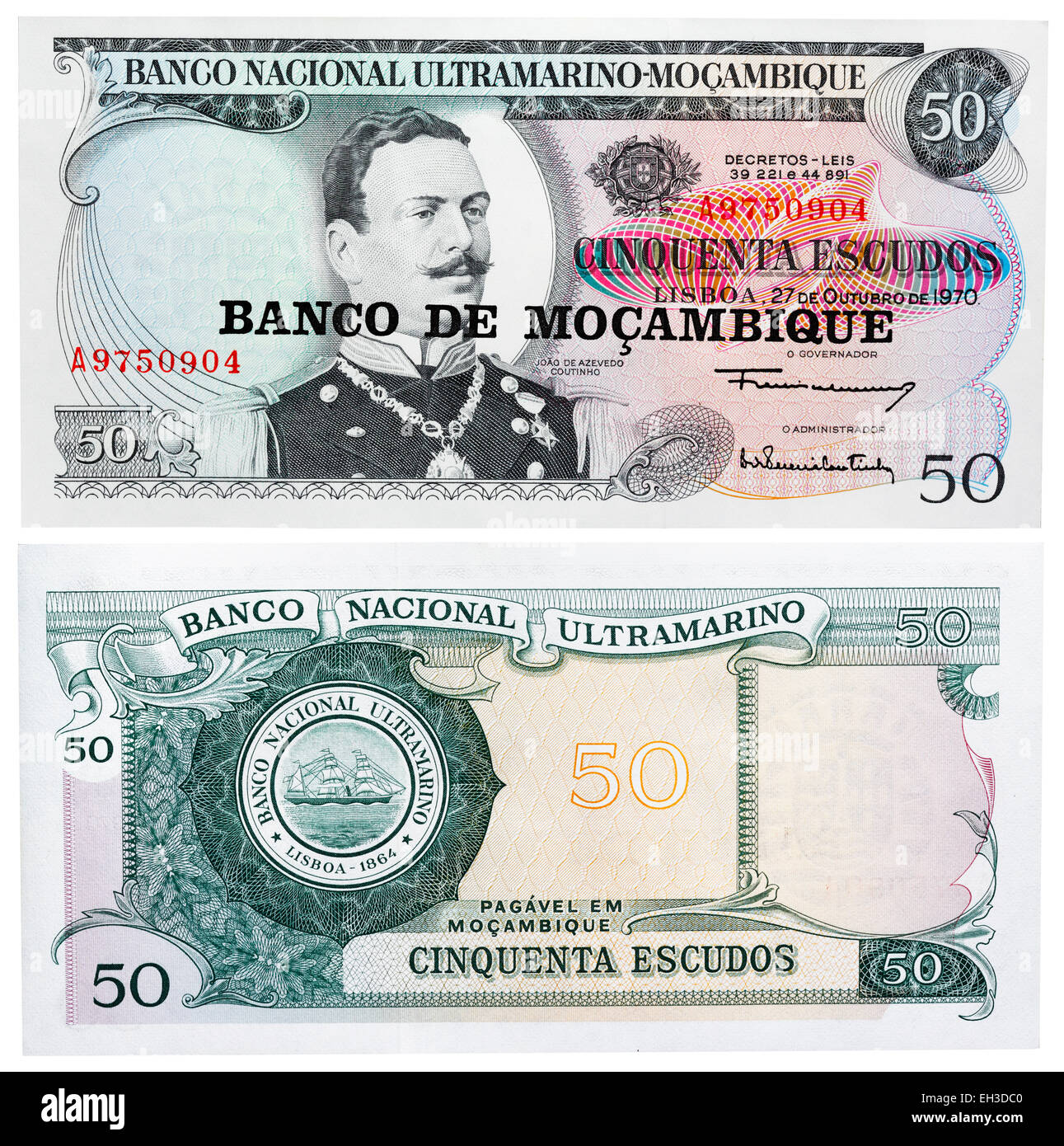 50 Escudos Banknote, Joao de Azevedo Coutinho, Mosambik, 1970 Stockfoto