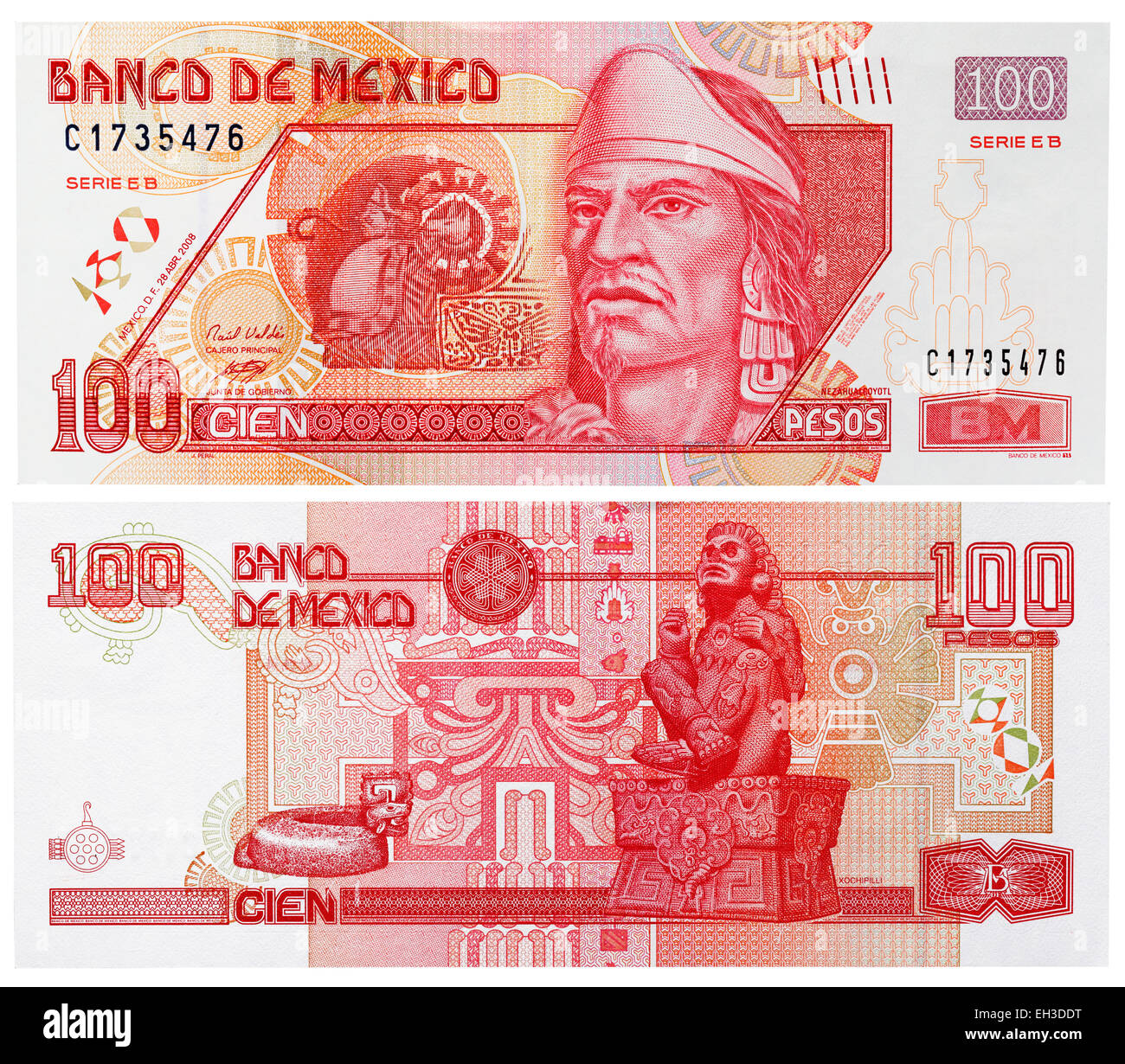 100 Pesos Banknote, Nezahualcoyotl, Mexiko, 2008 Stockfoto
