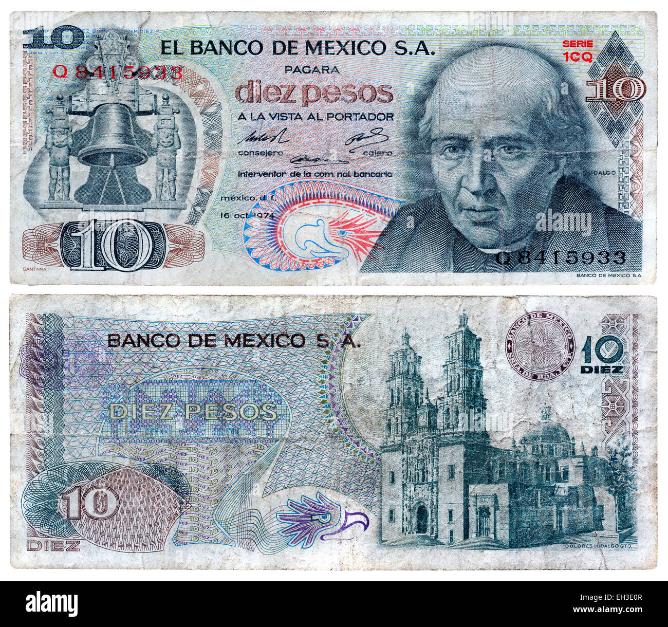10 Pesos Banknote, Miguel Hidalgo y Costilla, Mexiko, 1974 Stockfoto