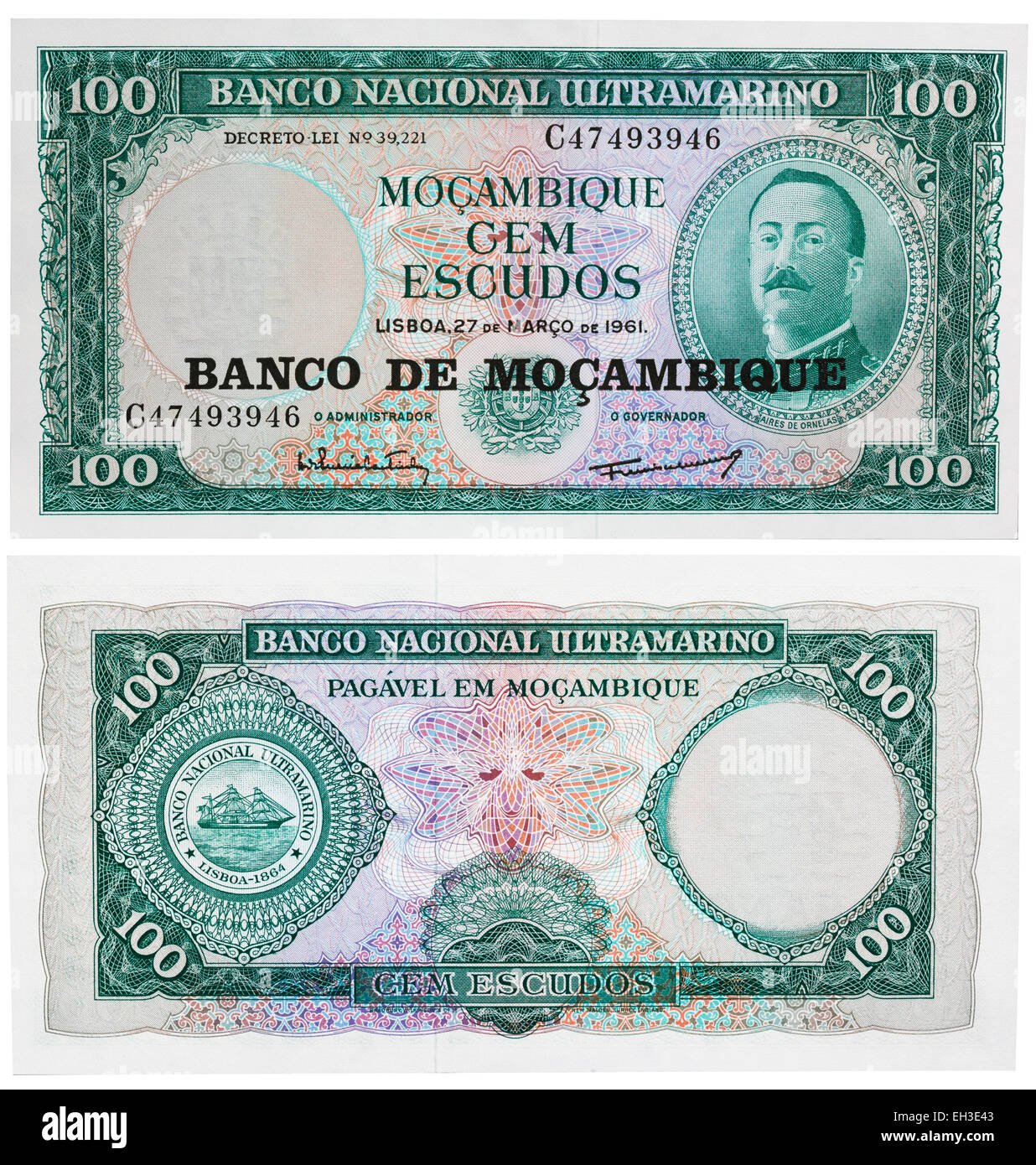 100 Escudos Banknote, Aires de Ornelas, Mosambik, 1961 Stockfoto