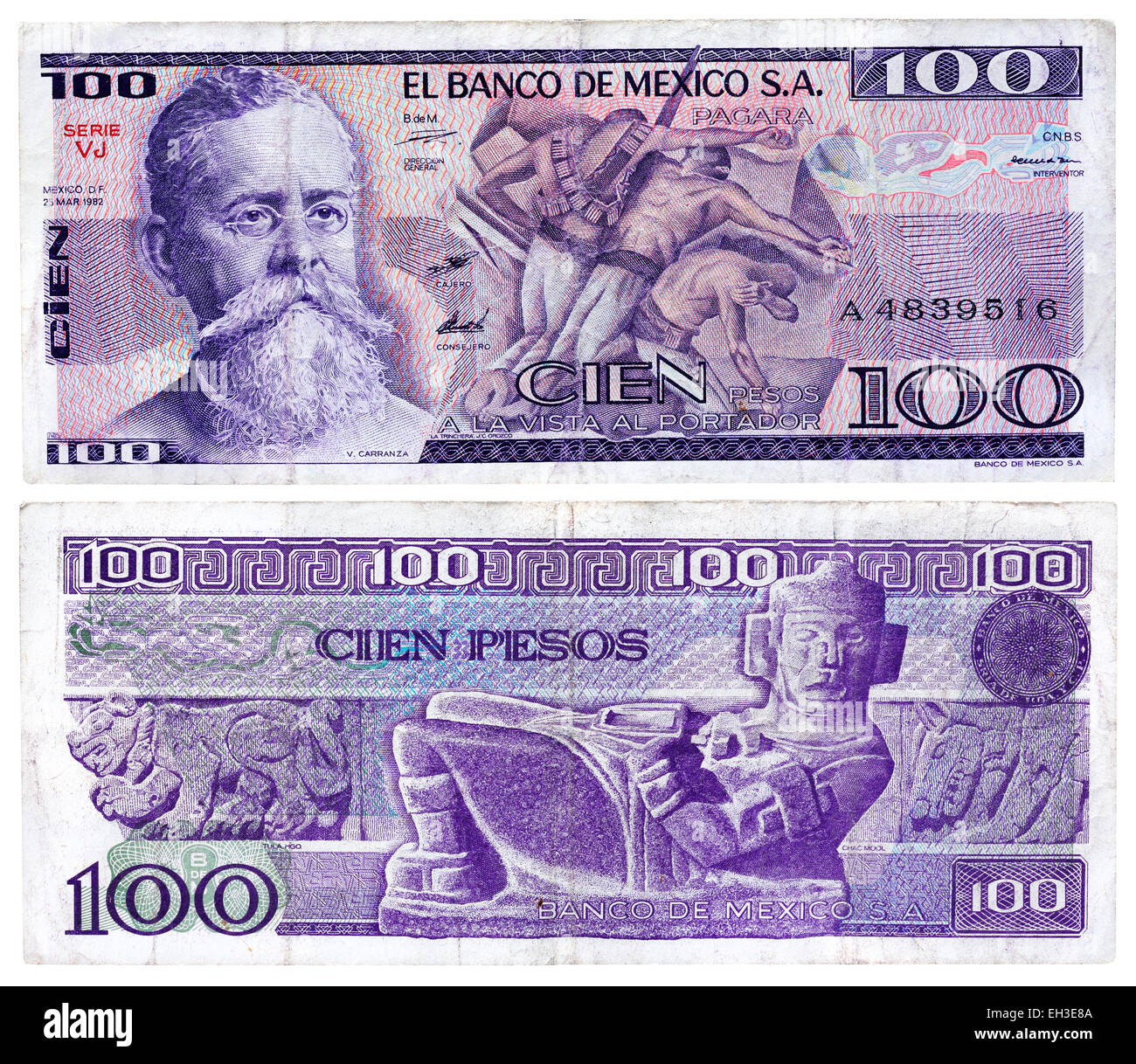 100 Pesos Banknote, Präsident Venustiano Carranza, Mexiko, 1982 Stockfoto