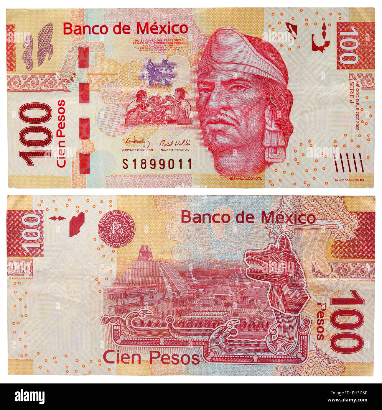 100 Pesos Banknote, Nezahualcoyotl, Tenochtitlan Tempel, Mexiko, 2009 Stockfoto