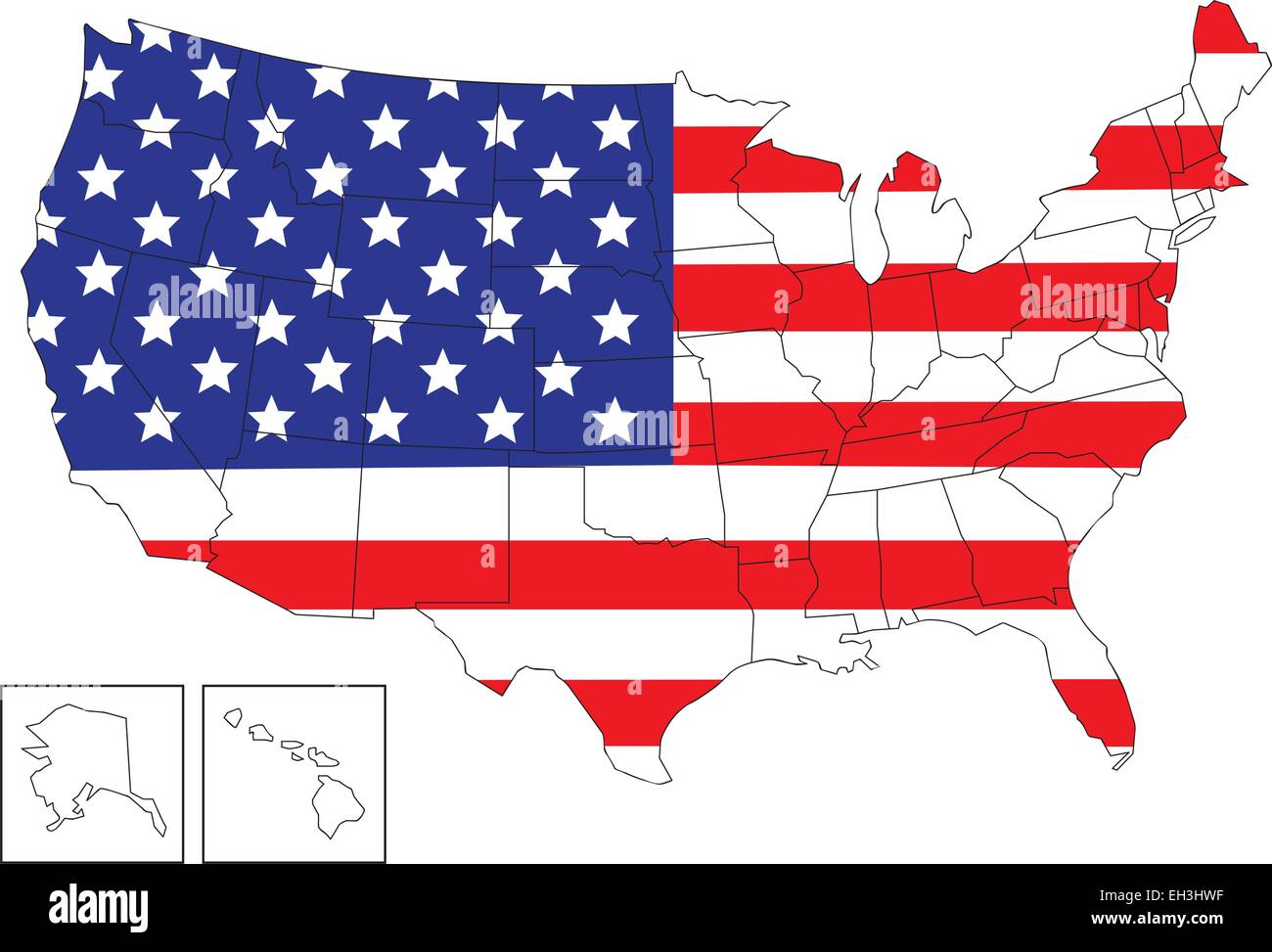 USA-Karte mit Staaten und Grenzen. USA-Flagge im Inneren. Stock Vektor
