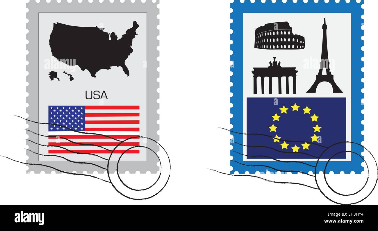 Briefmarken mit Fahnen und Symbole der USA und die Europäische Union. Stock Vektor