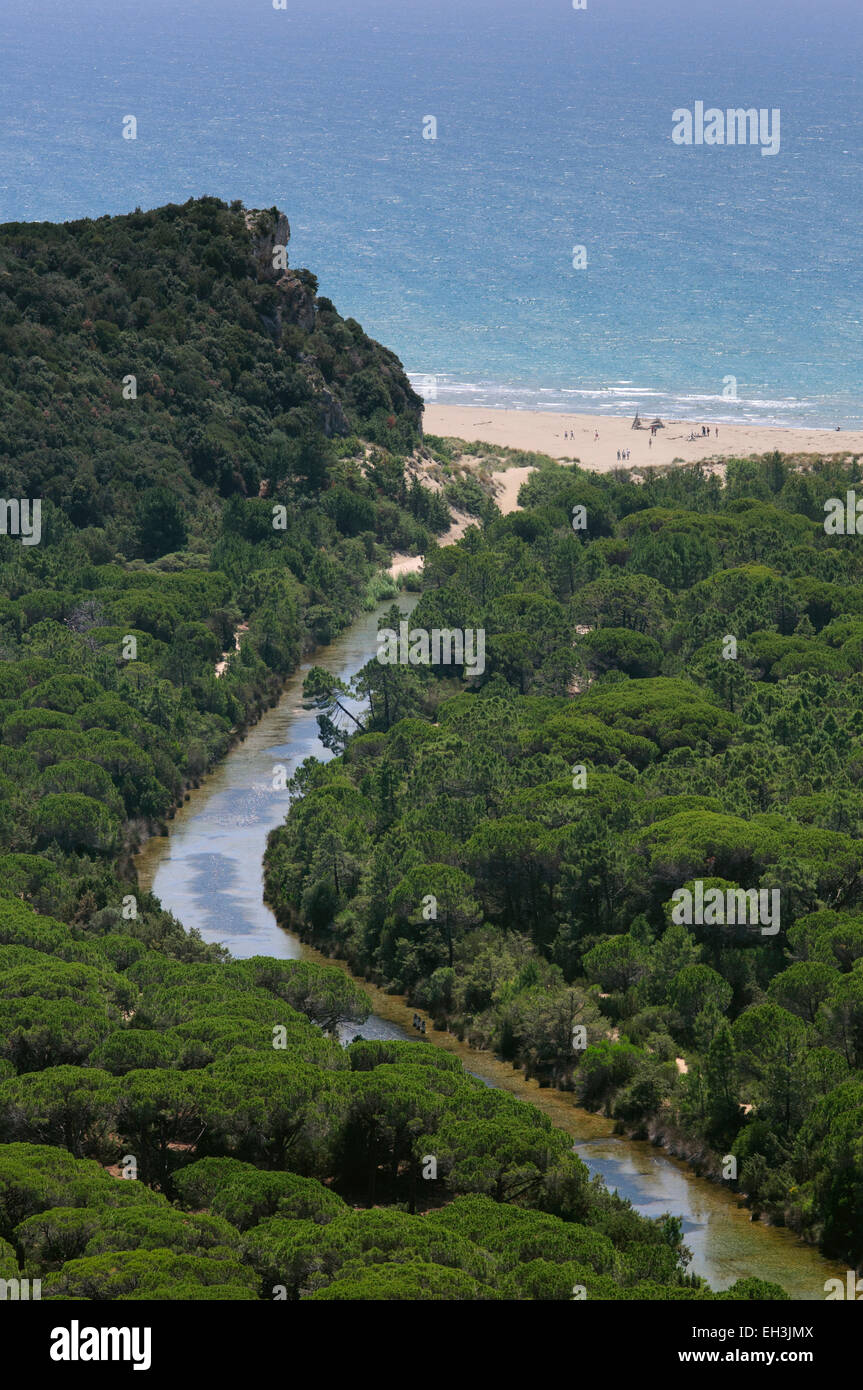 Entwässerungsrinne und einen Sandstrand in der Maremma-Naturpark Parco Naturale della Maremma, in der Nähe von Alberese Stockfoto
