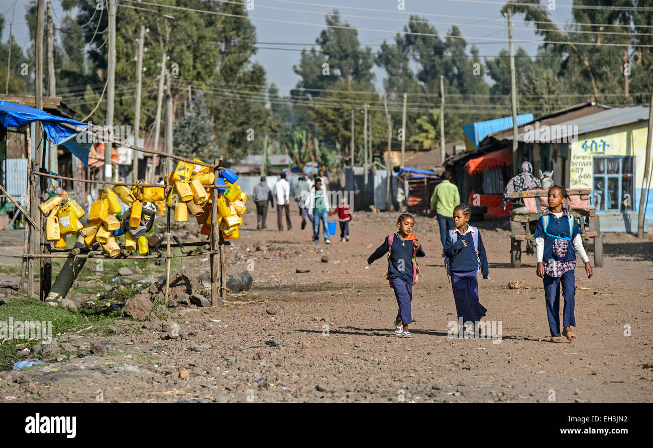 Mädchen auf dem Weg zur Schule, Goba, Bale Region Oromia-Region, Äthiopien Stockfoto