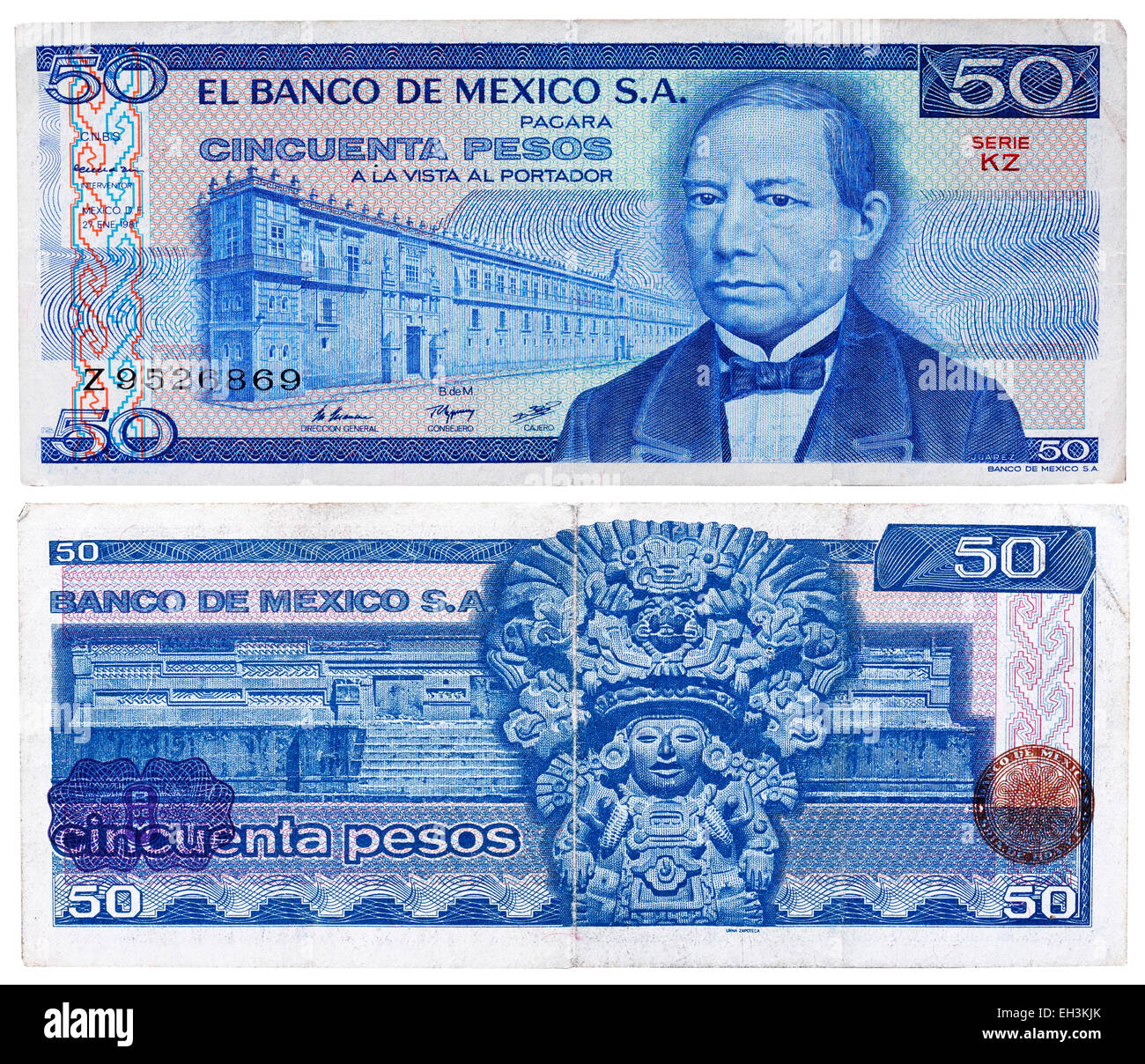 50 Pesos Banknote, Präsident Benito Pablo Juarez Garcia, Palacio Nacional, Zapoteken-Tempel, Mexiko, 1981 Stockfoto