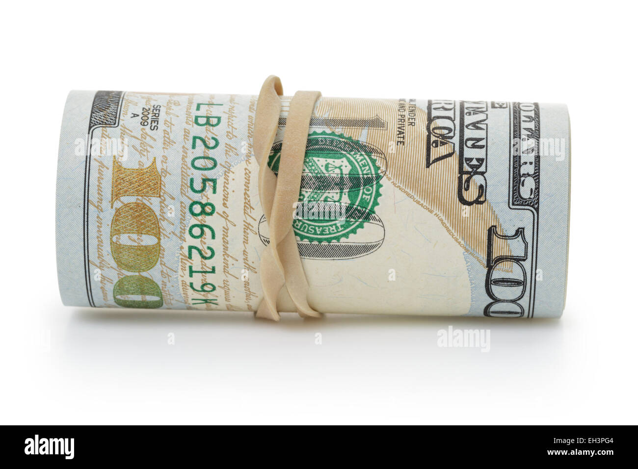 hundert-Dollar-Banknoten mit Gummiband gebunden gerollt Stockfoto