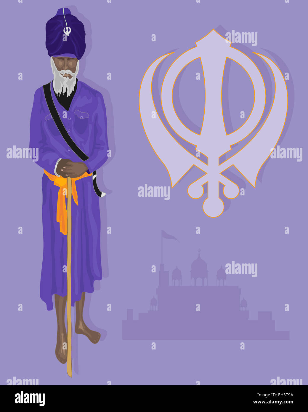 ein Beispiel für ein traditionell gekleideten Sikh Anhänger in lila und Safran Farben mit militärischen Emblem und gurdwara Stockfoto