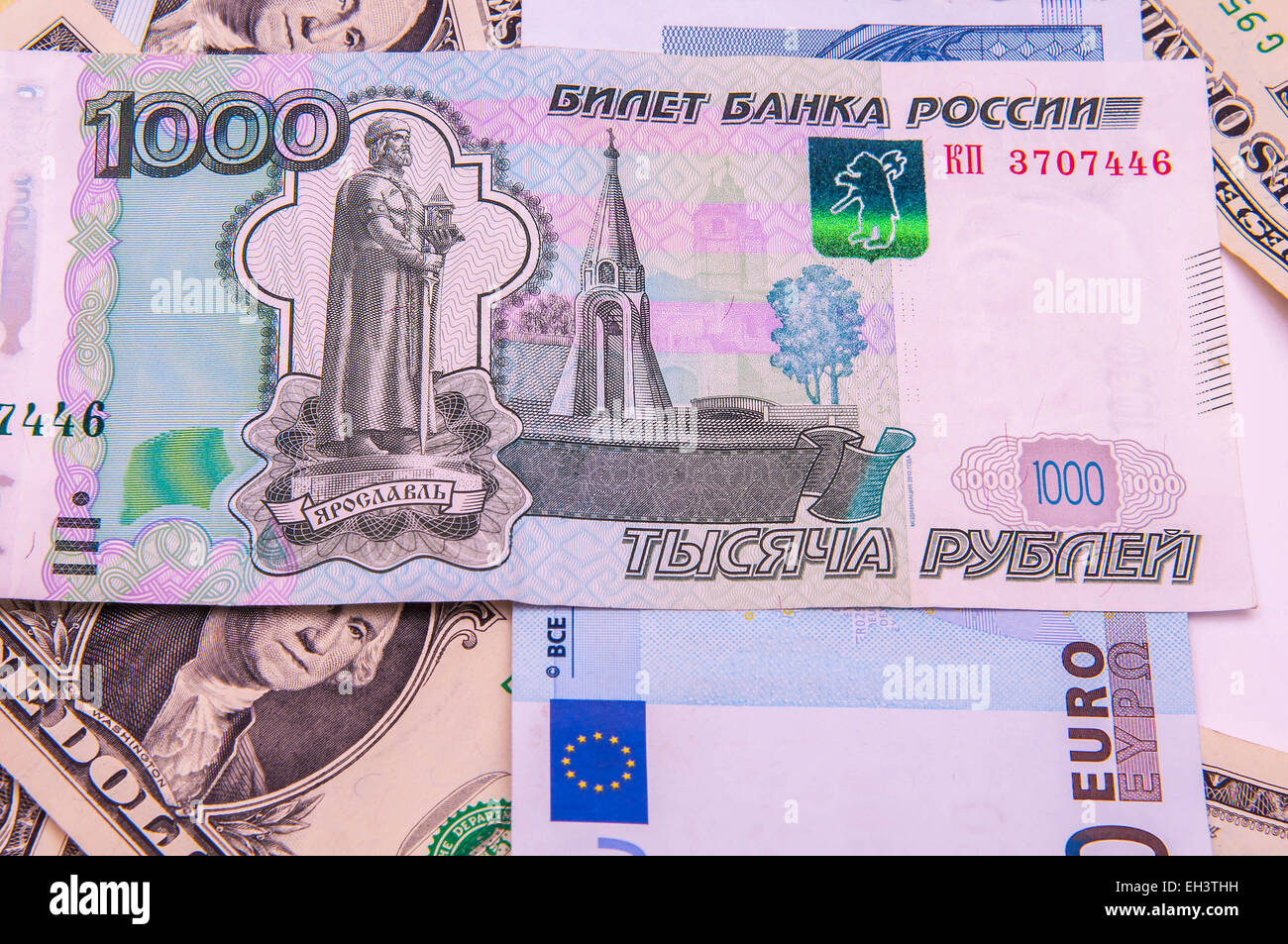 Weltweit Geld - Dollar, Euro, russischer Rubel Stockfoto