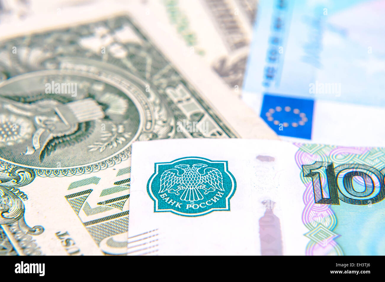 Weltweit Geld - Dollar, Euro, russischer Rubel Stockfoto
