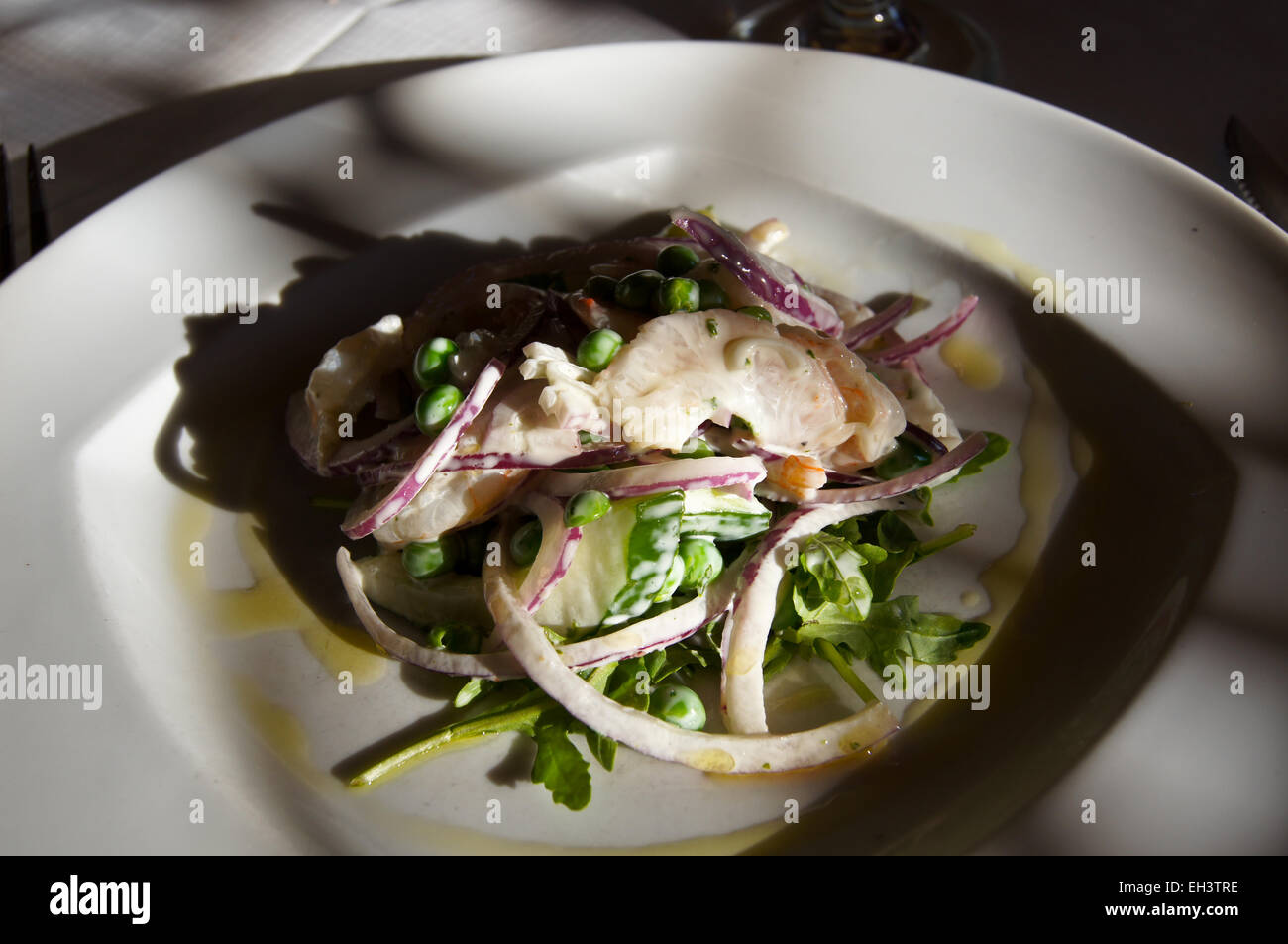 Krebse, grüne Erbse, Rucola und rote Zwiebel Salat im Restaurant Senfsamen, Inverness, Schottland Stockfoto