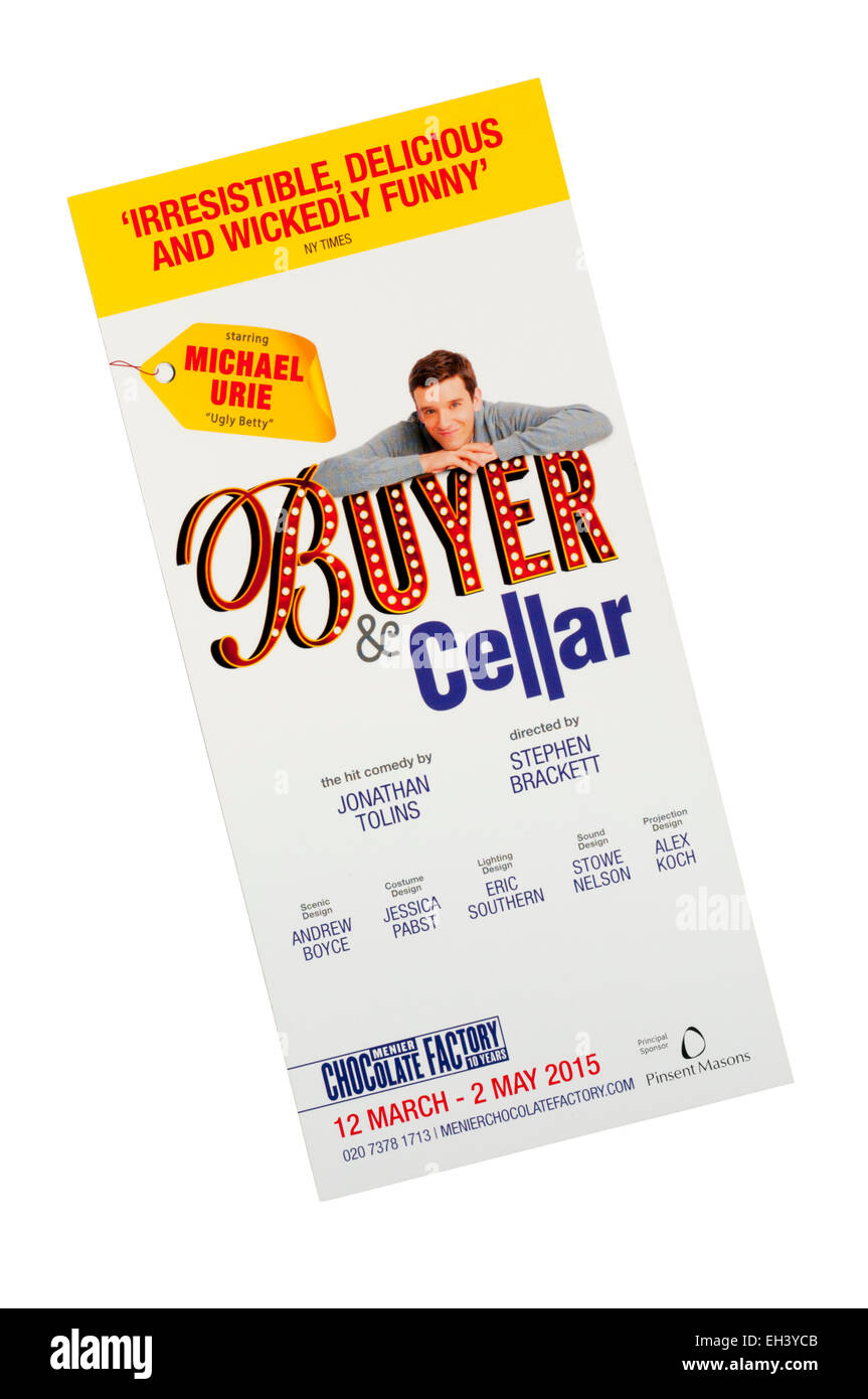 Ein Werbeflyer für die 2015-Herstellung von Käufer & Keller von Jonathan Tolins im Teatro Menier Chocolate Factory. Stockfoto