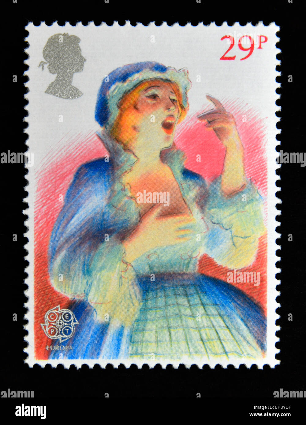 Briefmarke. Great Britain. Königin Elizabeth II. 1982. Europa. British Theatre. Opernsänger (Tenor). 29p. Stockfoto