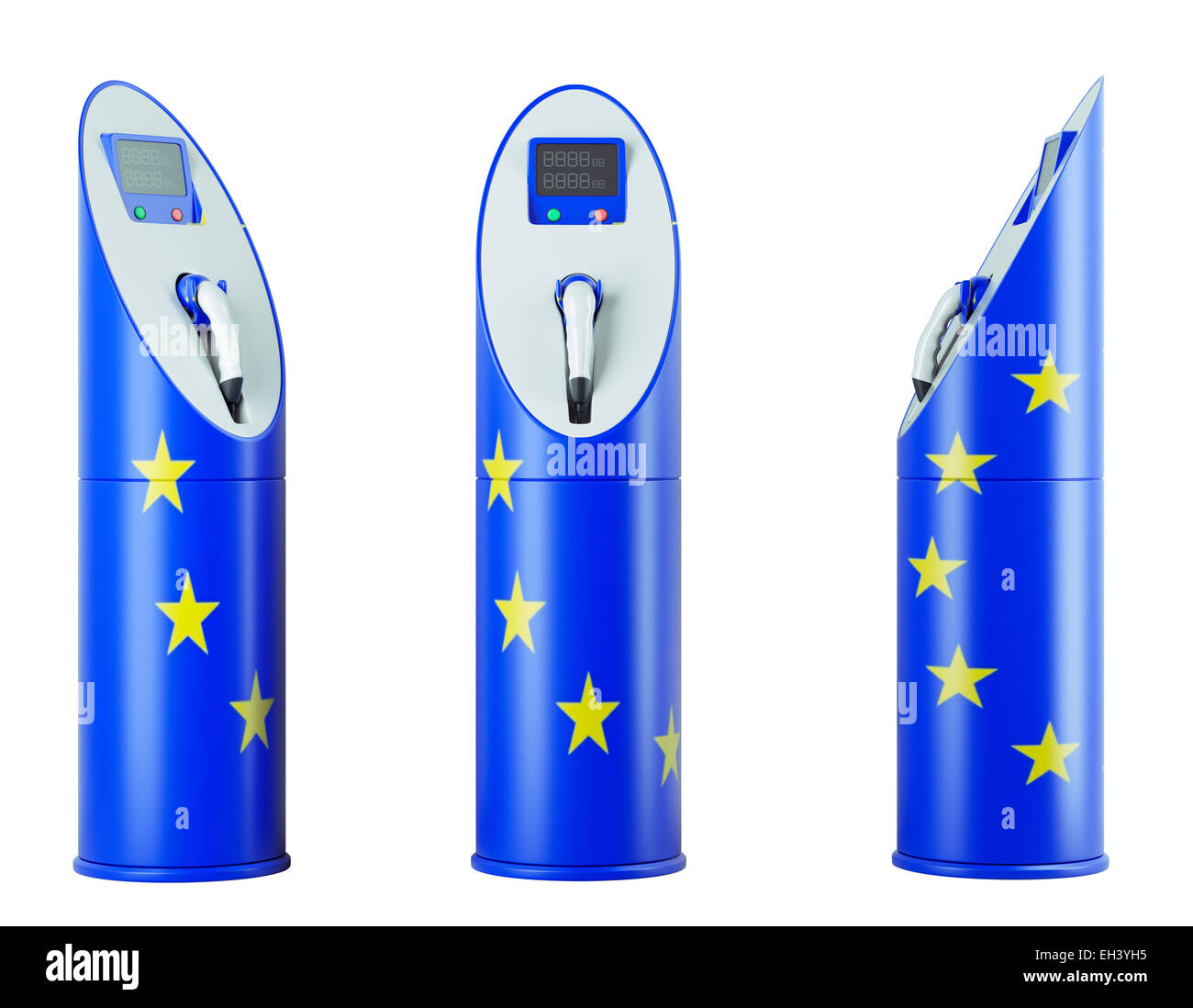 Eco Fuel: isoliert, Ladestationen mit EU-Flagge-Muster für Elektroautos Stockfoto