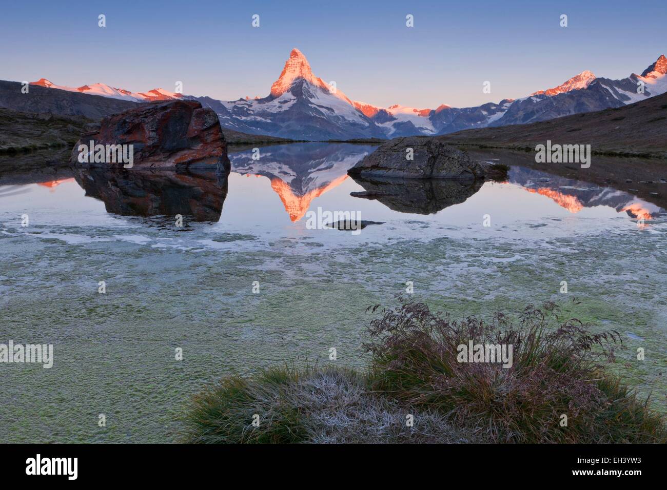 Schweiz, Kanton Wallis, Zermatt, das Matterhorn (4478m) vom See Stellisee Stockfoto