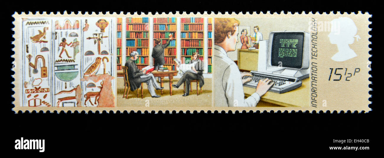 Briefmarke. Great Britain. Königin Elizabeth II. 1982. Informations-und Telekommunikationstechnologie. Entwicklung der Kommunikation. Stockfoto
