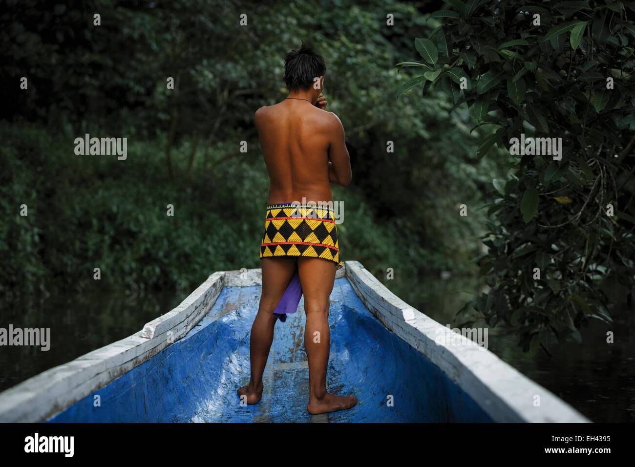 Panama, Darien Provinz Darien National Park, Weltkulturerbe der UNESCO, Embera Indianergemeinde, Porträt eines indigenen Embera-Mannes Stockfoto