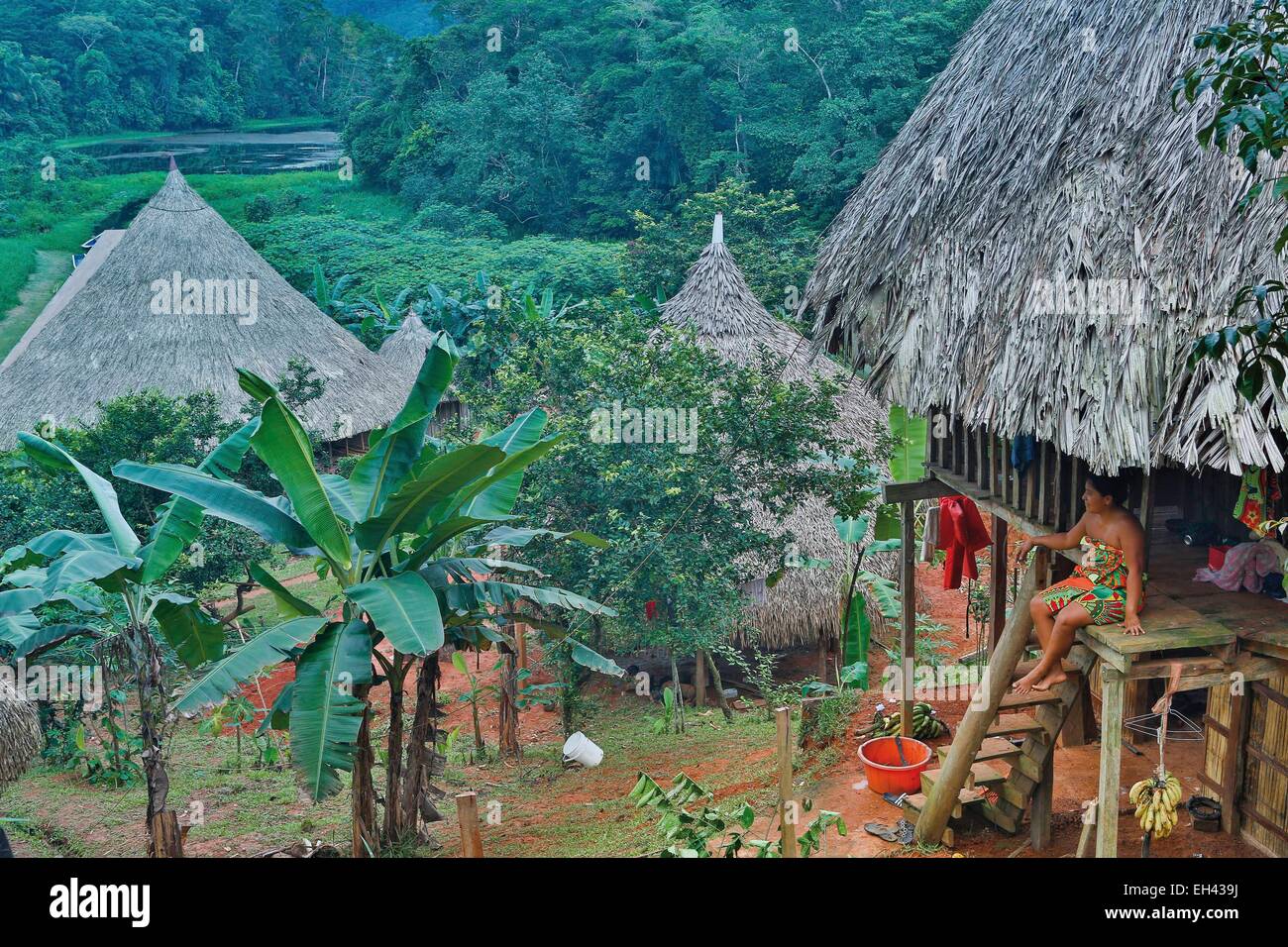 Panama, Darien Provinz Darien National Park, Weltkulturerbe der UNESCO, Embera indigenen Gemeinschaft, Landschaft, Embera junge Frau an der Schwelle seines Hauses Stockfoto