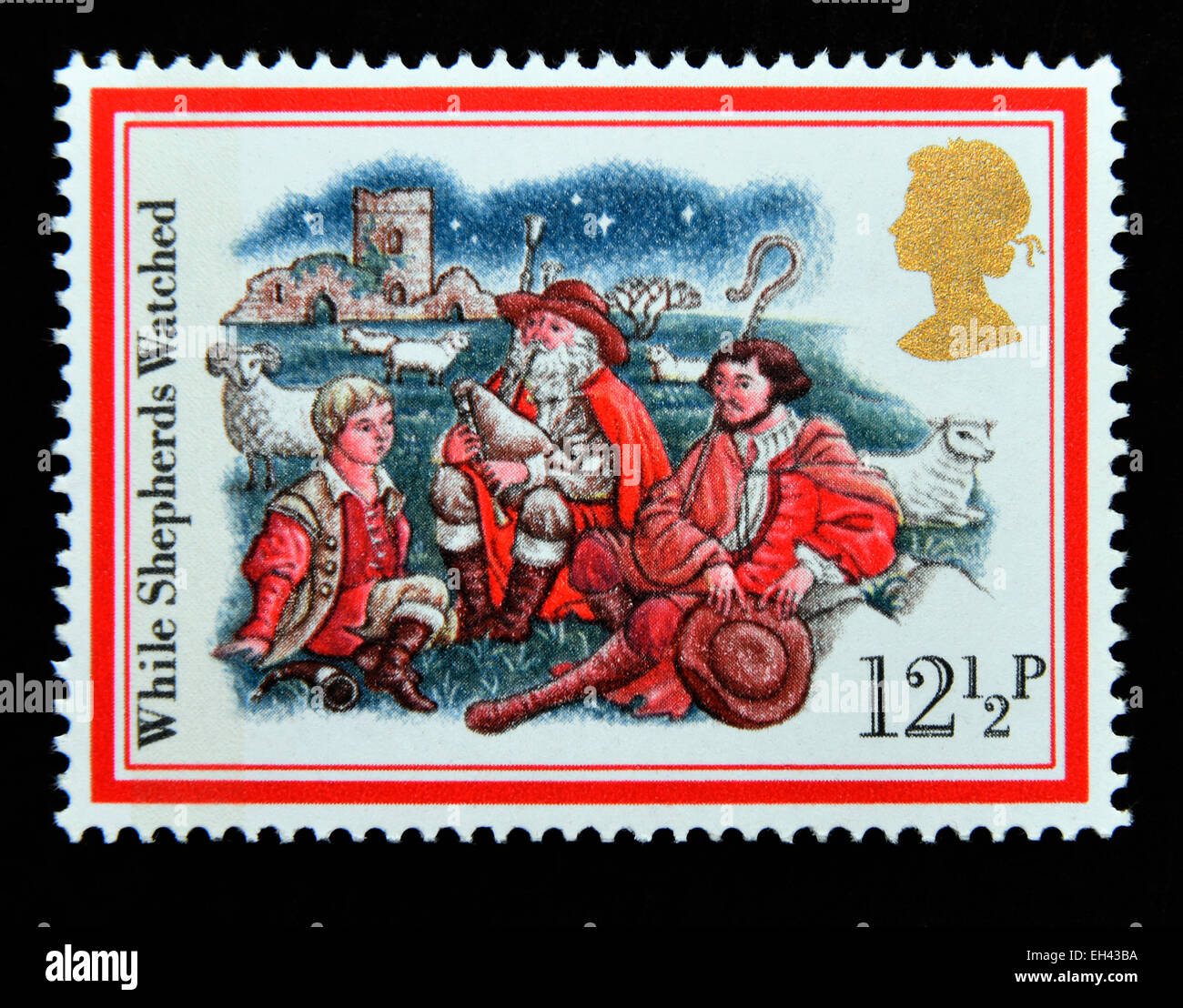 Briefmarke. Great Britain. Königin Elizabeth II. 1982. Weihnachtslieder "Während Hirten beobachteten". Stockfoto