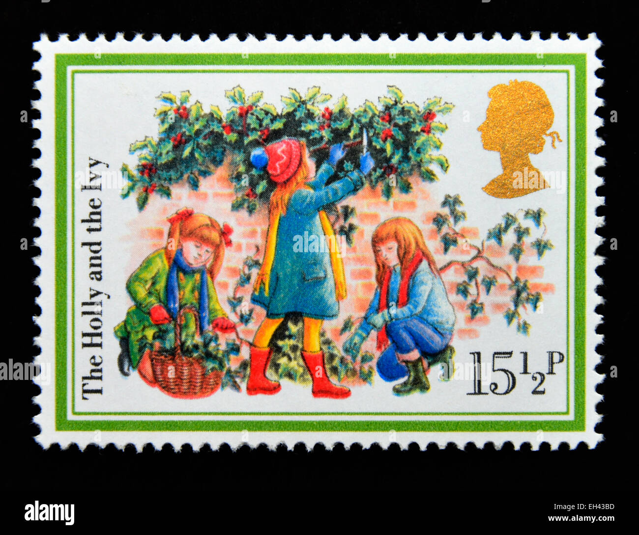 Briefmarke. Great Britain. Königin Elizabeth II. 1982. Weihnachtslieder "Die Holly and the Ivy". Stockfoto