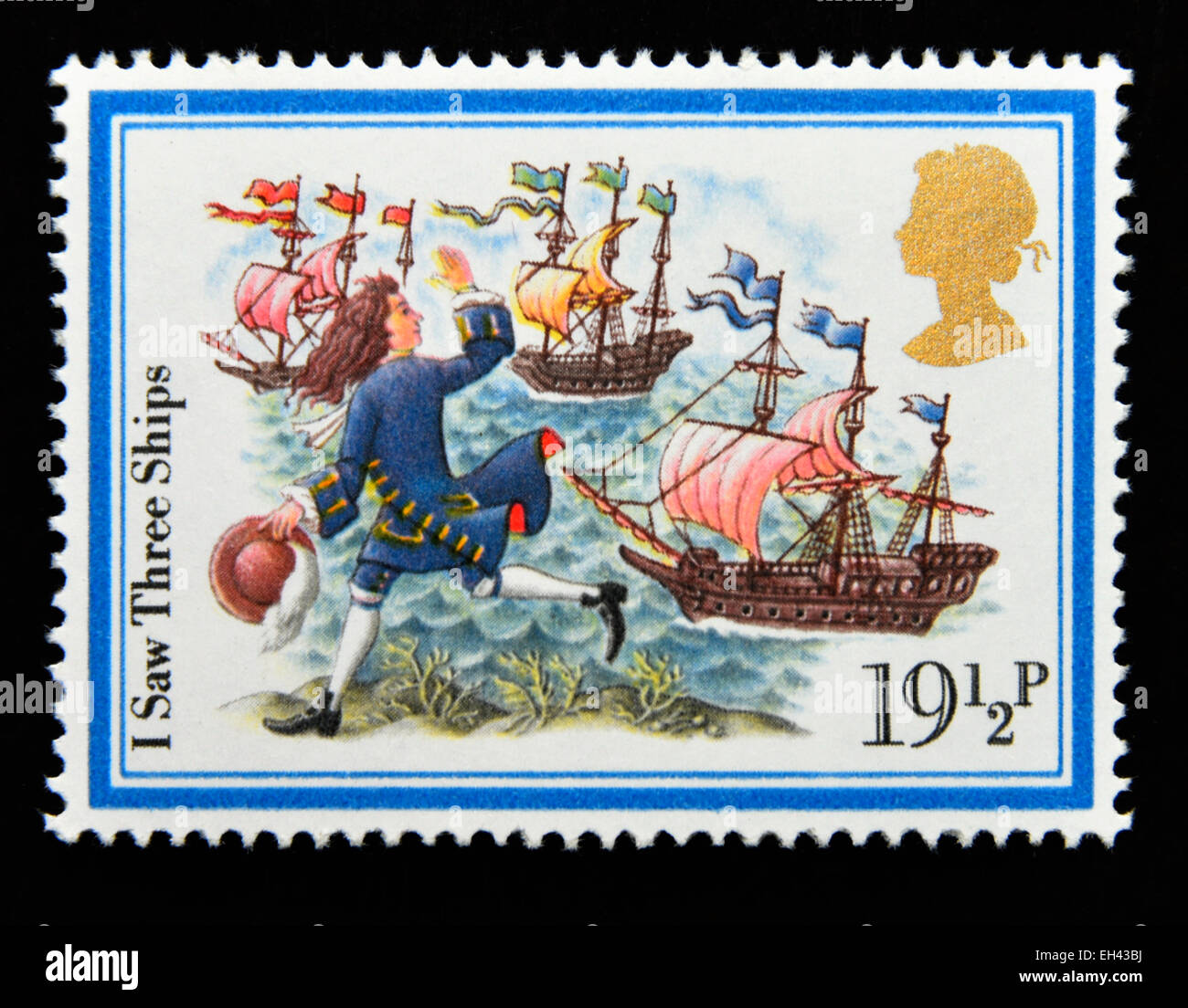 Briefmarke. Great Britain. Königin Elizabeth II. 1982. Weihnachtslieder 'Ich sah drei Schiffe'. Stockfoto