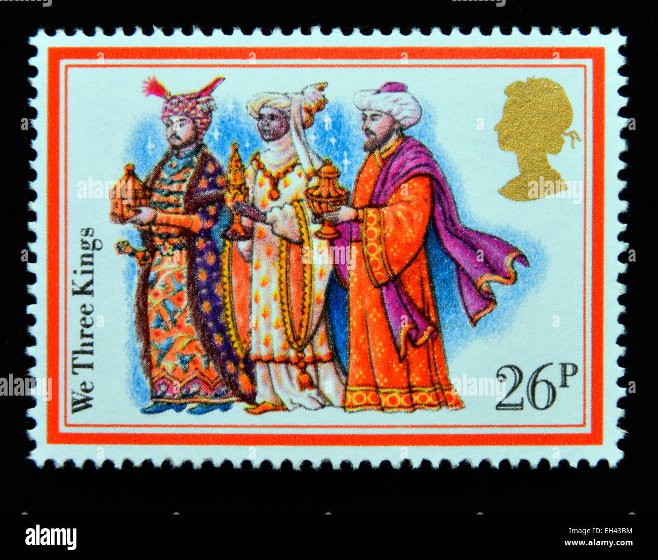 Briefmarke. Great Britain. Königin Elizabeth II. 1982. Weihnachtslieder "We Three Kings". Stockfoto