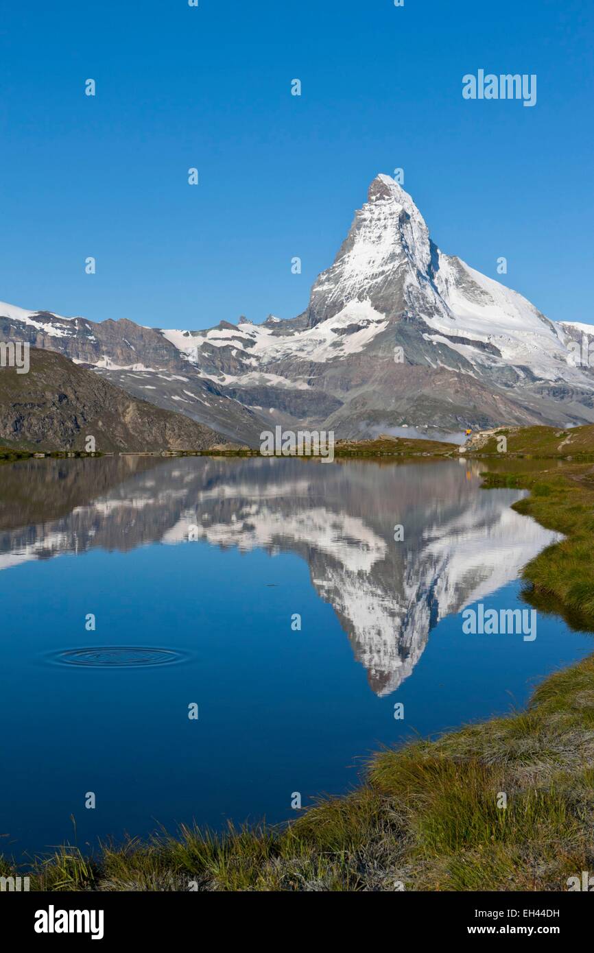 Schweiz, Kanton Wallis, Zermatt, das Matterhorn (4478m) vom See Stellisee Stockfoto
