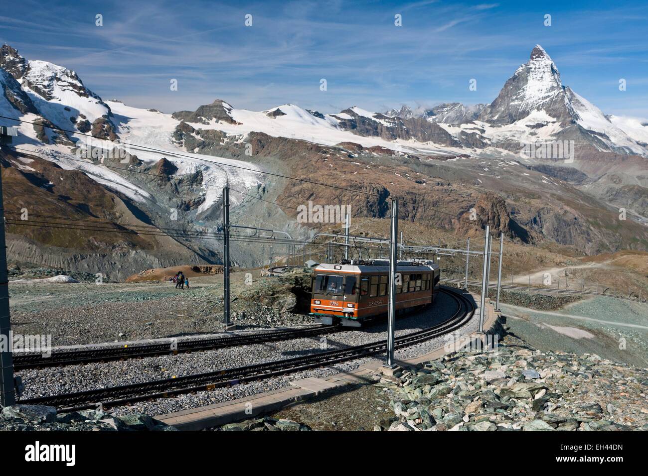 Schweiz, Kanton Wallis, Zermatt, die Zahnradbahn bis zum Gornergrat Bahn steigt 3089 Meter vor dem Matterhorn Stockfoto