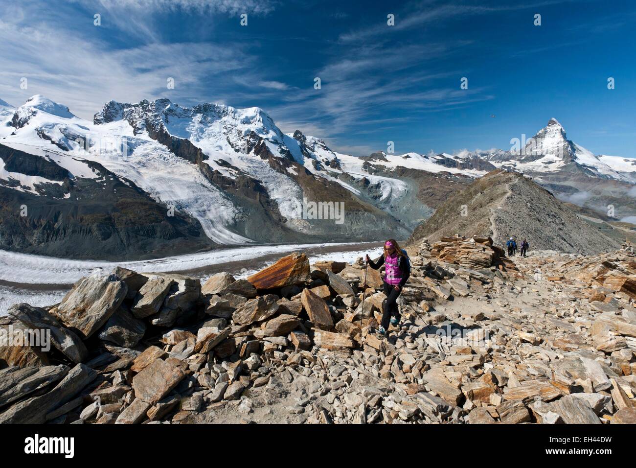 Schweiz, Kanton Wallis, Zermatt, Monte Rosa (4634m) und den Gornergrat-Gletscher Stockfoto