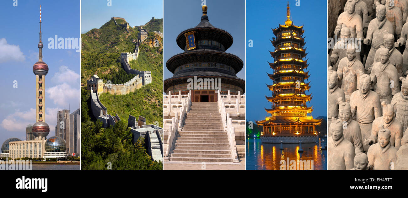 China - Shanghai, die große Mauer, Verbotene Stadt in Peking, Guilin-Pagode und die Terrakotta-Armee in Xian. Stockfoto