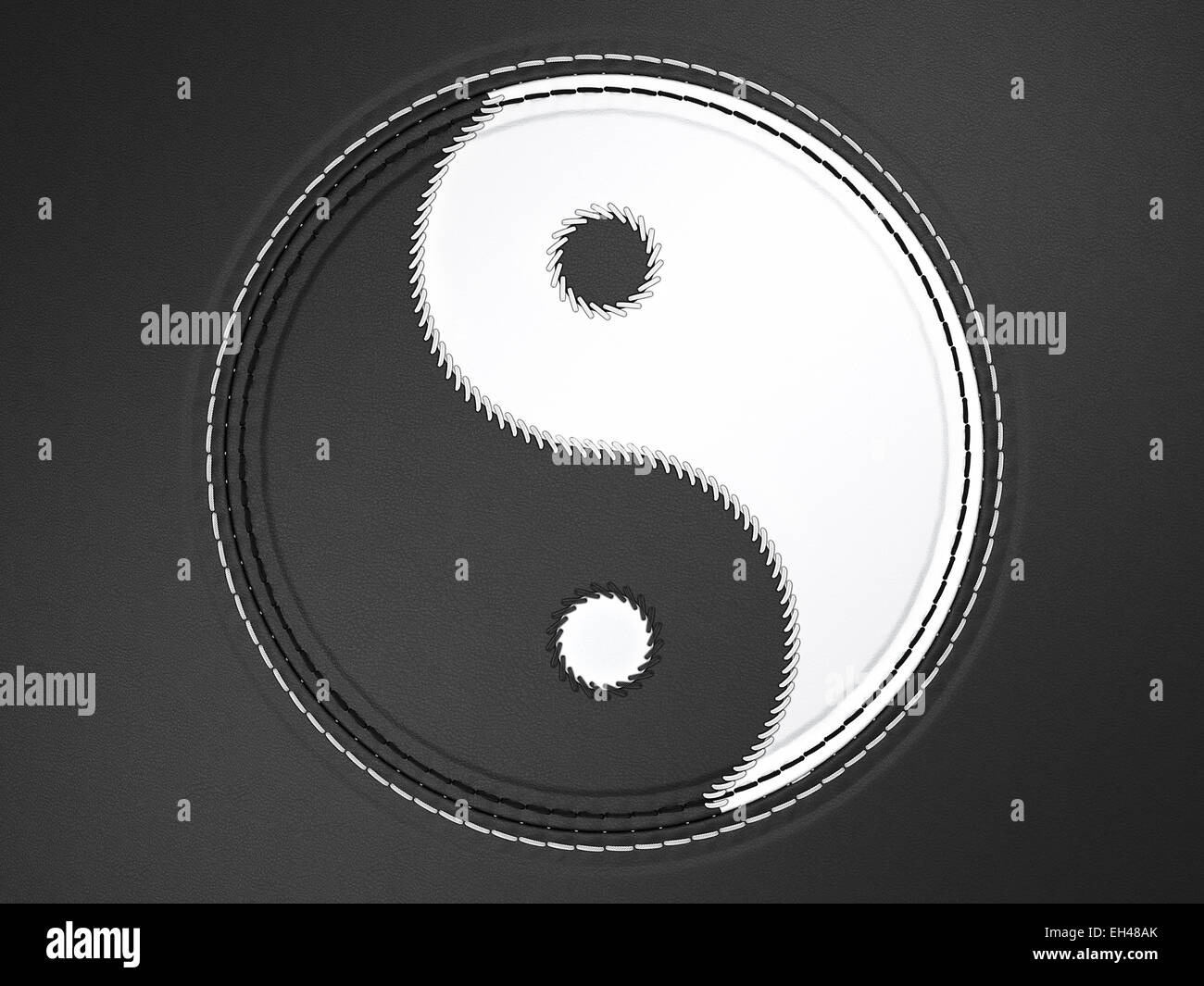 Genähte Ying-Yang-Symbol auf schwarzem Leder Hintergrund Stockfoto